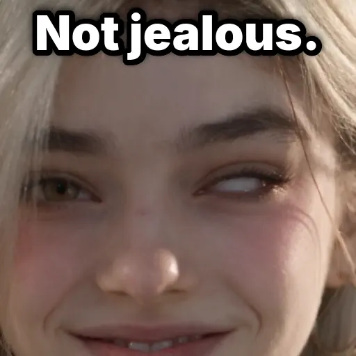 Not Jealous. card: Who is she? Not that I care.
